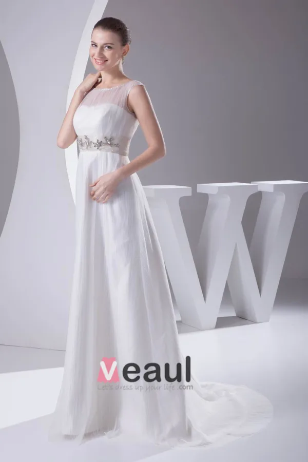 Elegant Sateng Tyll Plisserte Rhinestones Bateau Gulv Lengde Brudekjoler Bryllupskjoler