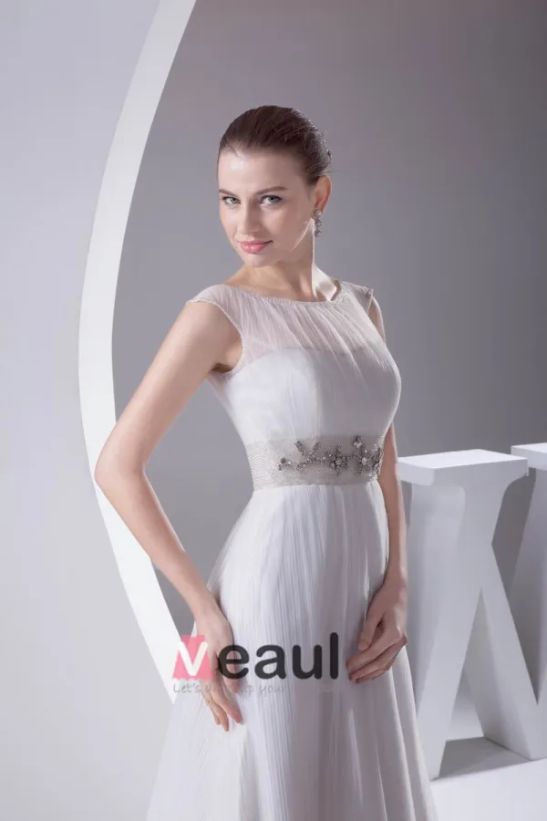 Elegant Sateng Tyll Plisserte Rhinestones Bateau Gulv Lengde Brudekjoler Bryllupskjoler