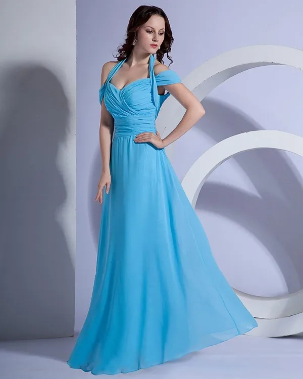 Satin Ruffle V Hals Halter Gulv Lengde Brudepikekjoler