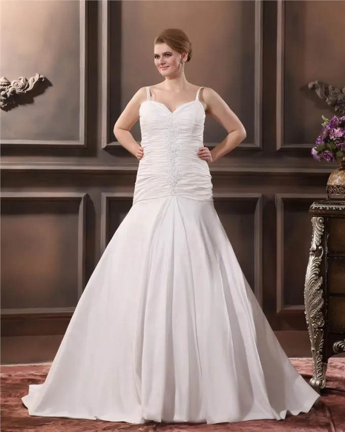 Satin Garn Ruffle Queen Anne Domstol Pluss Storrelsen Brudekjoler Bryllupskjoler