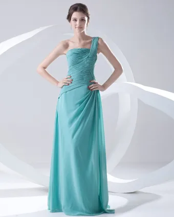 Fashion Chiffon Pleated One Shoulder Sleeveless Floor Length Bridesmaid Dress