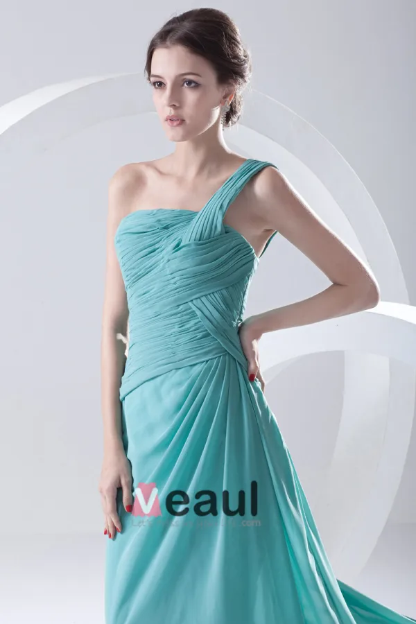 Mousseline De Soie Plissee Une Epaule Etage Robe De Demoiselle D'honneur De Longueur Manches De La Mode