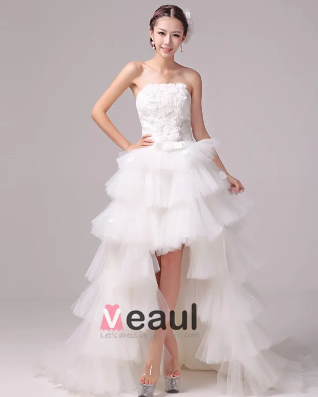Satin Tulle Beading Flower Strapless Tiered Asymmetrical Length High Low  Mini Wedding Dress