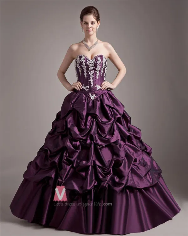 Taffeta Applikere Beading Kjaereste Krusning Gulv Lengde Ballkjoler