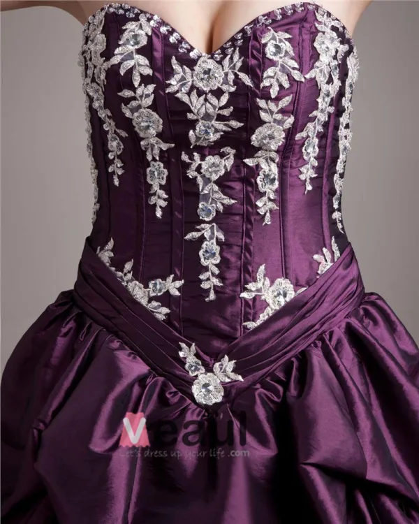 Taffeta Applikere Beading Kjaereste Krusning Gulv Lengde Ballkjoler