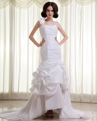 Ruffles Taffeta One Shoulder Cathedral Train Sheath Wedding Dress