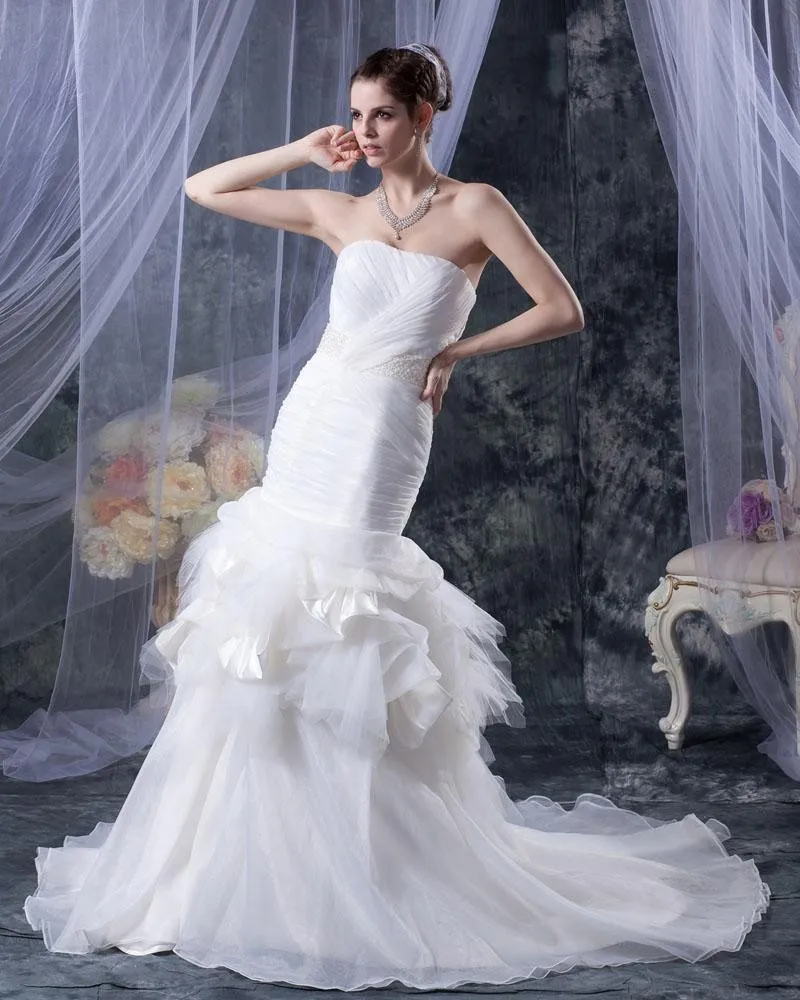 Beading Ruffles Garn Satin Kjaereste Katedralen Tog Havfrue Brudekjoler Bryllupskjoler