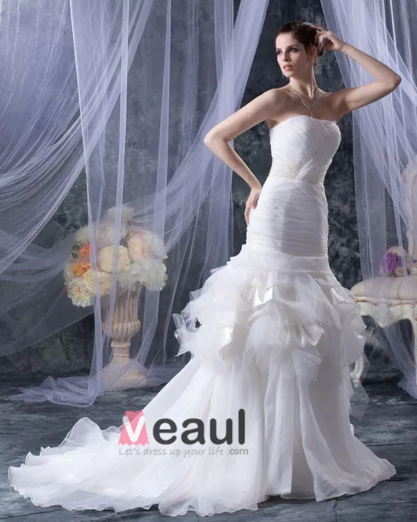 Perles Volants Fils Bretelles En Satin Cathedrale Train Robes De Mariée Sirène