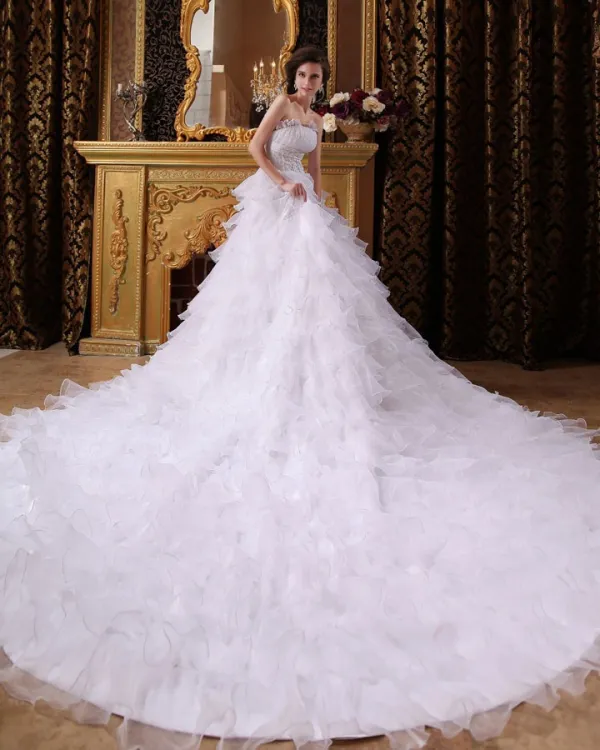 Fashionable Long Ruffle Cathedral Empire Bridal Gowns Wedding Dress