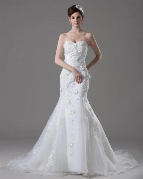 Elegant Beading Applique Sweetheart Floor Length Court Train Yarn Mermaid Wedding Dress