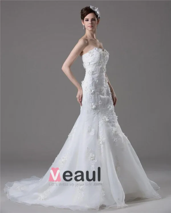 Elegant Beading Applique Sweetheart Floor Length Court Train Yarn Mermaid Wedding Dress