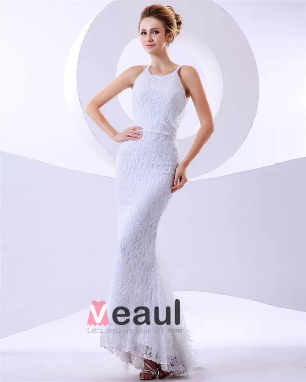 Feather Lace Halter Feather Brush Train Mermaid Wedding Dresses