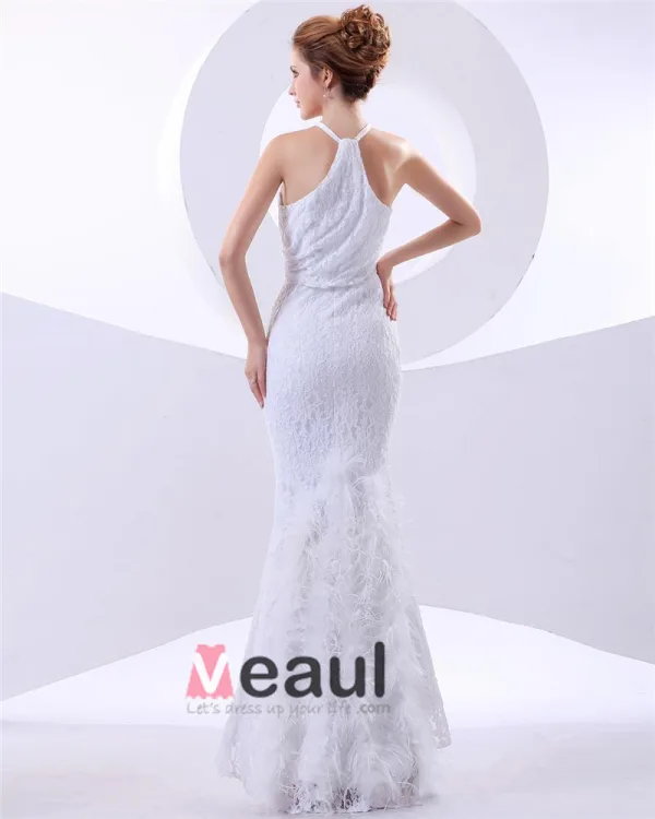 Feather Lace Halter Feather Brush Train Mermaid Wedding Dresses