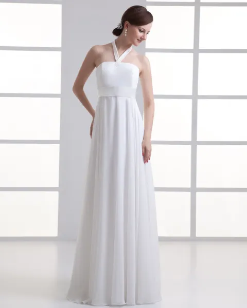 Chiffon Beading Halter Floor Length Pleated Empire Wedding Dress
