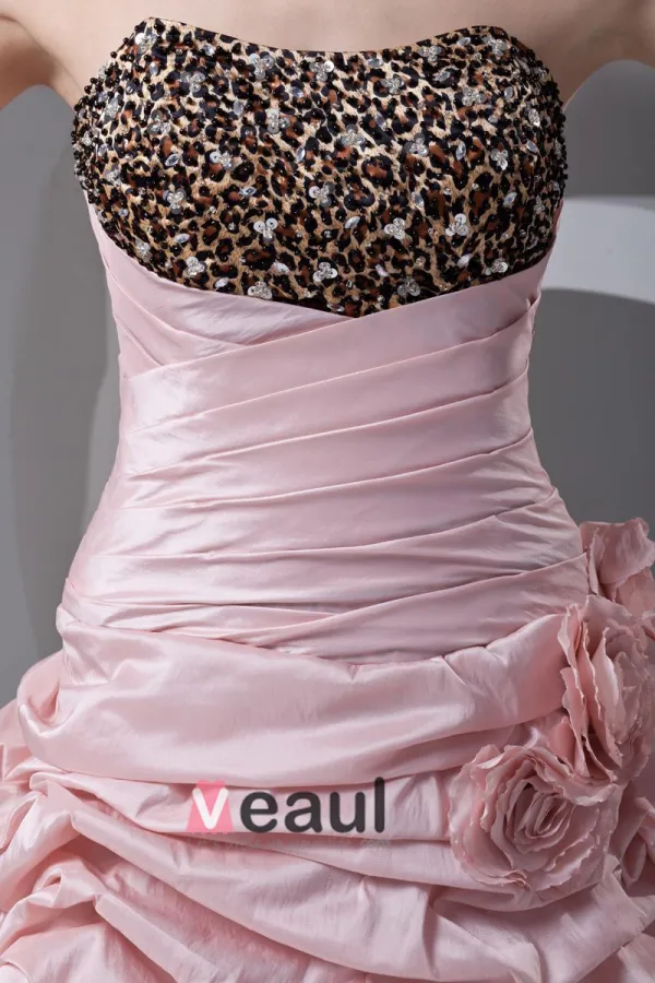 Taffeta Ruffle Flower Floor Length Leopard Prom Dress