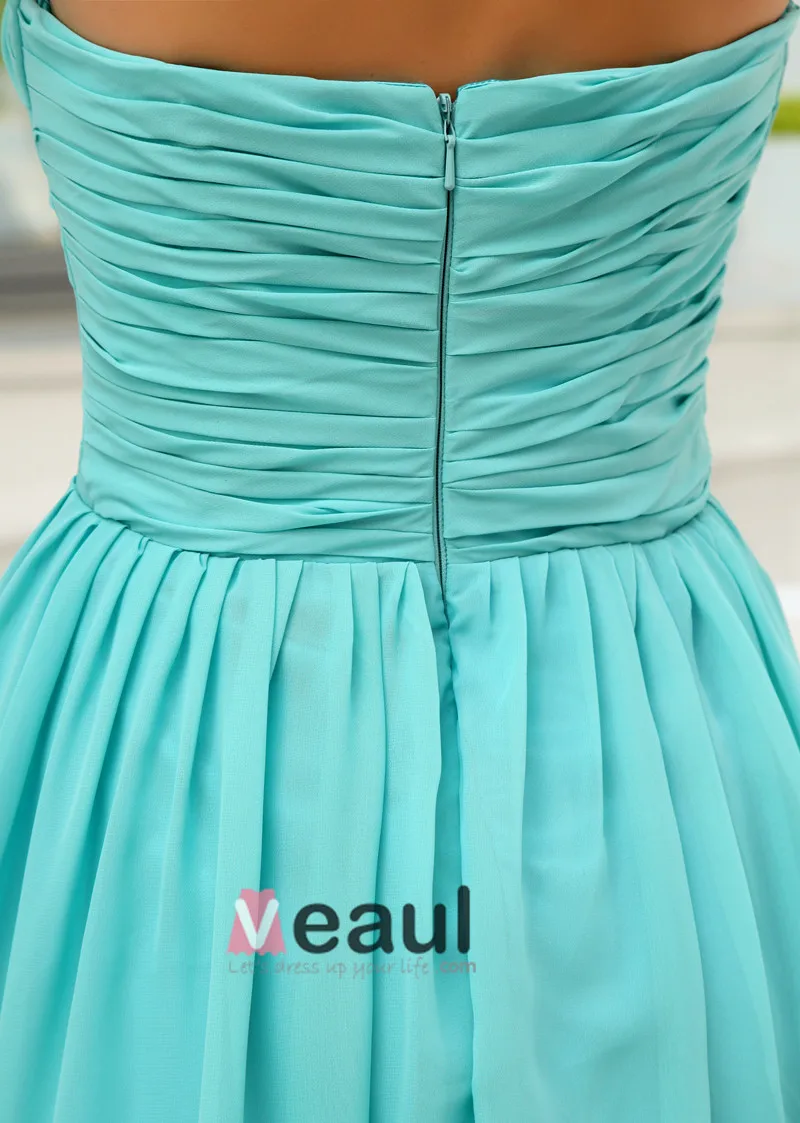 Chiffon Silke Silke Som Satin Kjaereste Krusning Ermelos Rygglose Glidelas Kort Plissert Brudepikekjoler