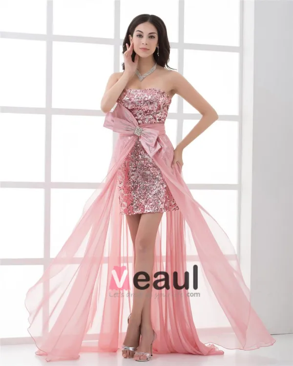 Strapless Asymmetrical Length Paillette Bowknot Chiffon High Low Prom Cocktail Dress