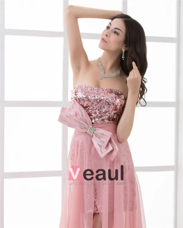 Strapless Asymmetrical Length Paillette Bowknot Chiffon High Low Prom Cocktail Dress