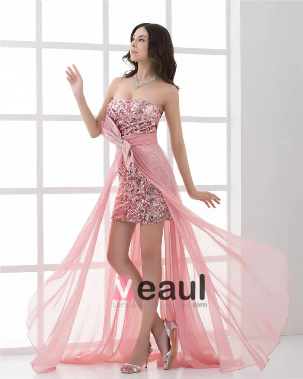 Strapless Asymmetrical Length Paillette Bowknot Chiffon High Low Prom Cocktail Dress