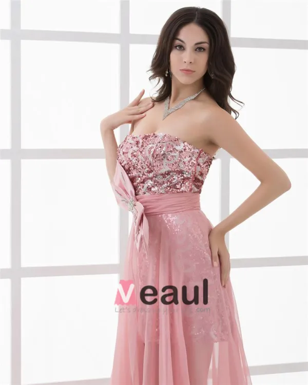 Strapless Asymmetrical Length Paillette Bowknot Chiffon High Low Prom Cocktail Dress