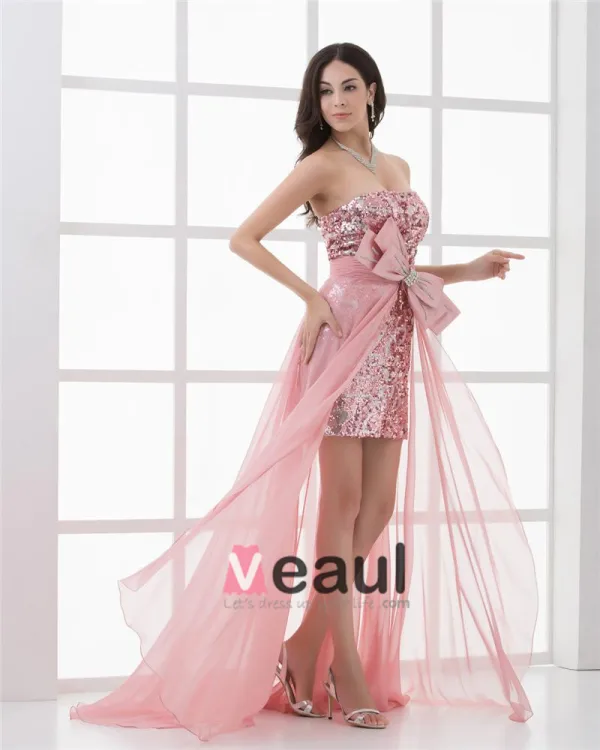 Strapless Asymmetrical Length Paillette Bowknot Chiffon High Low Prom Cocktail Dress