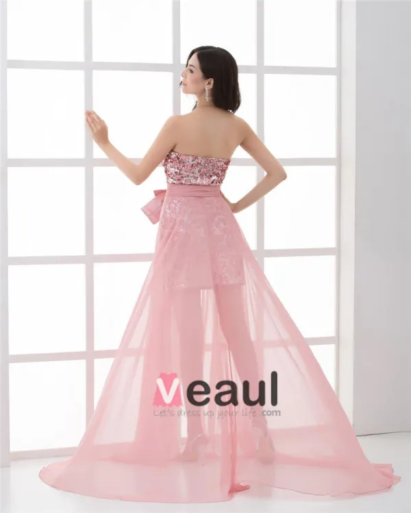 Strapless Asymmetrical Length Paillette Bowknot Chiffon High Low Prom Cocktail Dress
