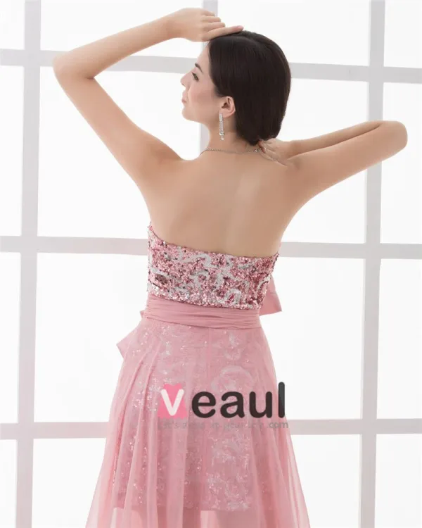 Strapless Asymmetrical Length Paillette Bowknot Chiffon High Low Prom Cocktail Dress
