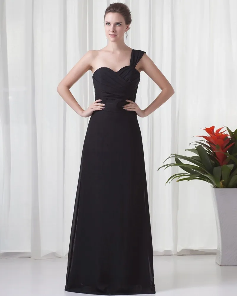 Fascinerende Ene Skulderen Gulv Lengde Plissert Chiffon Brudepikekjoler