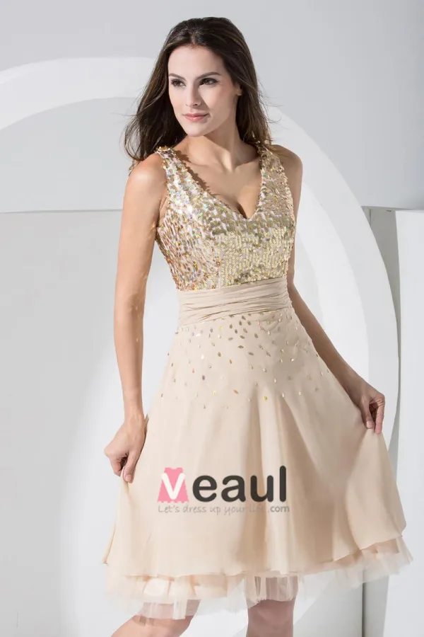 Stilvollen Chiffon- Seide Seide Wie Satin Spitze V Kragen Reißverschluss Am Rücken Pailletten Knielänge Sleeveless Gefaltetes Cocktailkleid