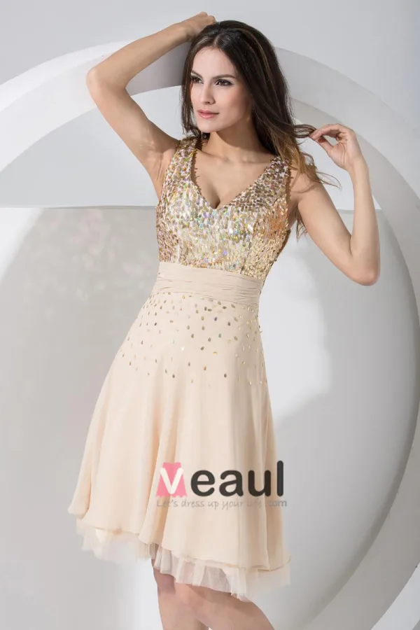 Stilvollen Chiffon- Seide Seide Wie Satin Spitze V Kragen Reißverschluss Am Rücken Pailletten Knielänge Sleeveless Gefaltetes Cocktailkleid