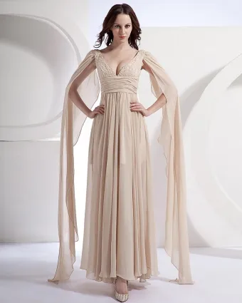 Chiffon Ruffle Beads V Neck Floor Length Prom Dresses