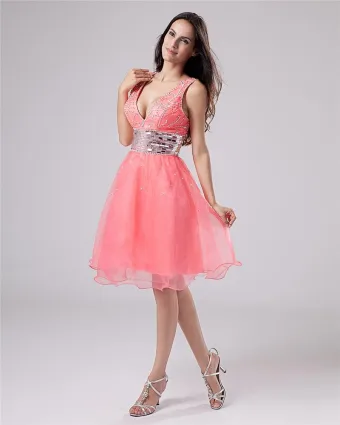 Organza Beading Shoulder Straps Thigh Length Cocktail Dress