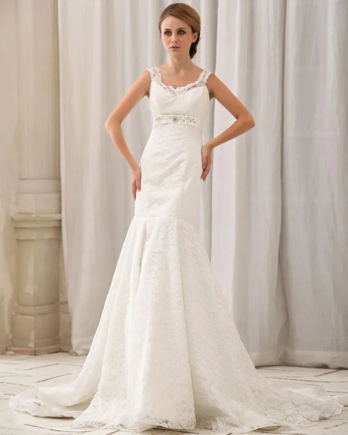 Stilig Gulv Kapell Tog Kjaereste Satin Blonder Havfrue Brudekjoler Bryllupskjoler