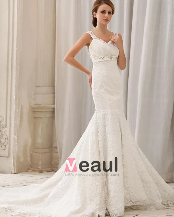 Etage De Train De Chapelle De Satin D'amoureux Dentelle Elegante Robe De Mariée Sirène