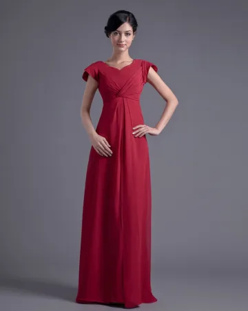 Mote Chiffon Plissert V Hals Petal Gulv Lengde Brudepikekjoler