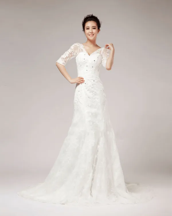 V Neck Rhinestone Floor Length Half Sleeve Lace A Line Wedding Dress