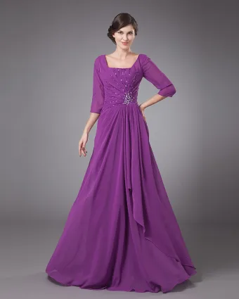 Chiffon Ruffles Square Neck Ankle Length Mothers Of Bride Guests Dresses