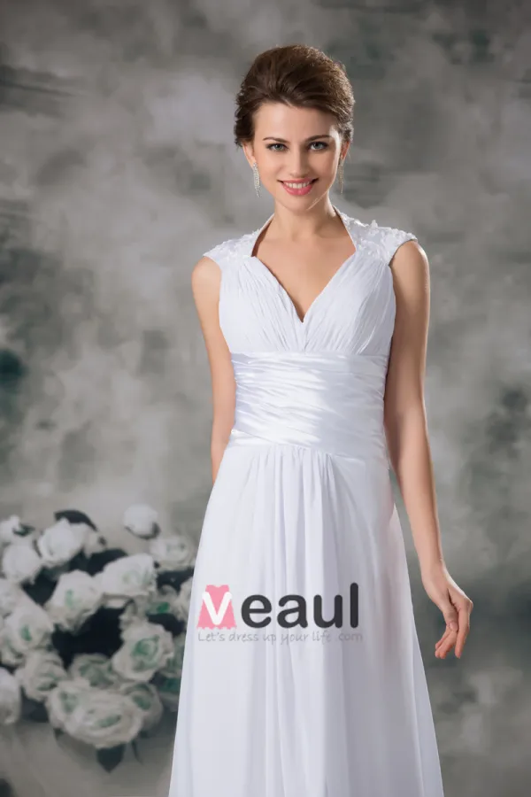 V Neck Pleated Applique Floor Length Chiffon Empire Wedding Dress
