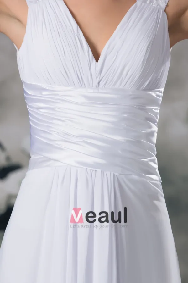 V Neck Pleated Applique Floor Length Chiffon Empire Wedding Dress