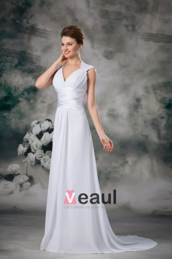 V Neck Pleated Applique Floor Length Chiffon Empire Wedding Dress
