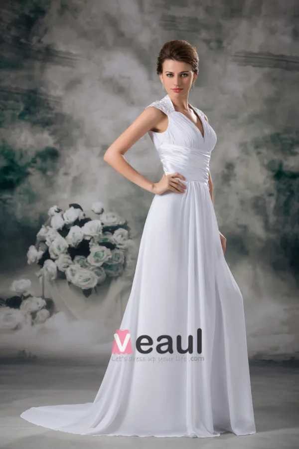 V Neck Pleated Applique Floor Length Chiffon Empire Wedding Dress