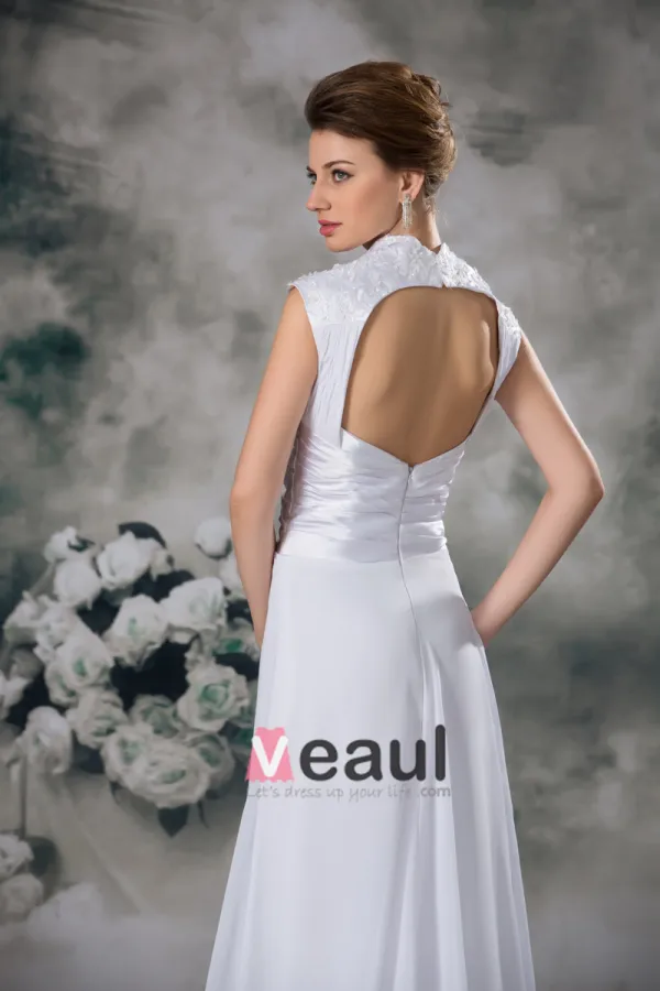 V Neck Pleated Applique Floor Length Chiffon Empire Wedding Dress
