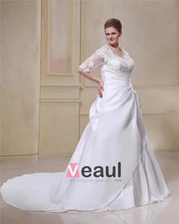 Taffeta Lace Applique Beaded Queen Anne Plus Size Bridal Gown Wedding Dresses