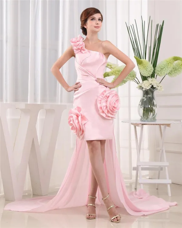 One Shoulder Flower Zipper Panel Floor Length Satin Chiffon Woman Prom Dress