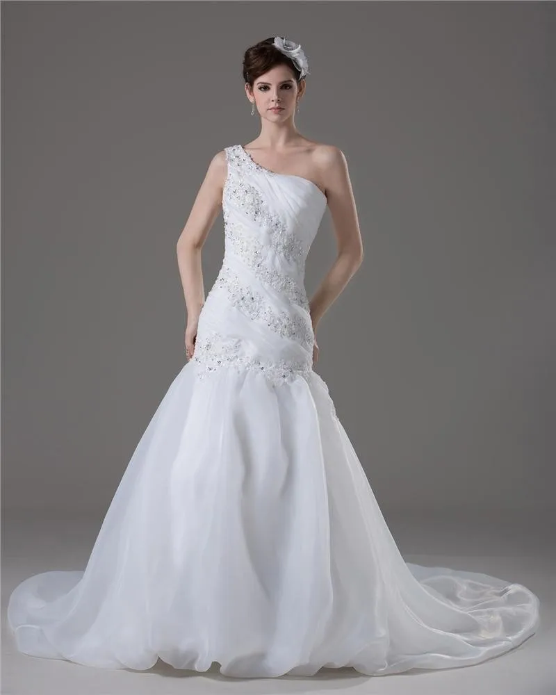 Beading Ruffles En Skulder Gulv Lengde Garn Havfrue Brudekjoler Bryllupskjoler