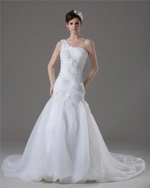 fitted lace wedding dress Chic One Shoulder Beaded Mermaid Prom Dress with Court Train