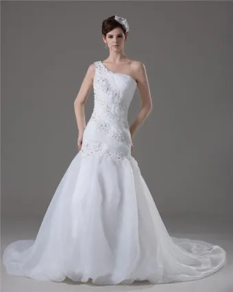 Beading Ruffles One Shoulder Floor Length Yarn Mermaid Wedding Dress