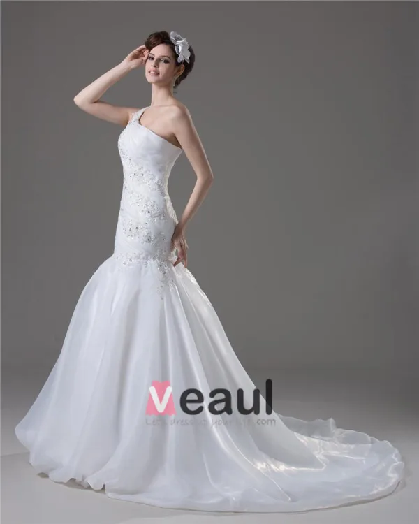 Beading Ruffles One Shoulder Floor Length Yarn Mermaid Wedding Dress