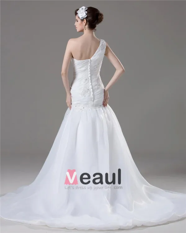 Beading Ruffles One Shoulder Floor Length Yarn Mermaid Wedding Dress