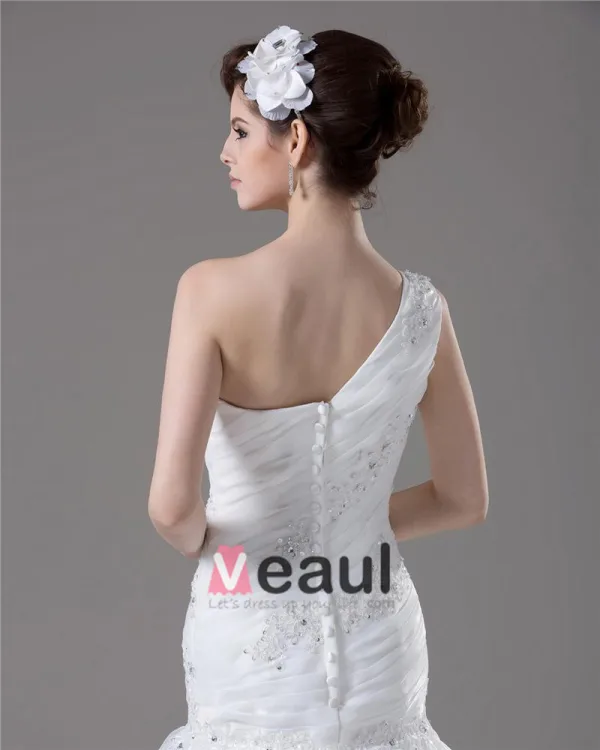 Beading Ruffles One Shoulder Floor Length Yarn Mermaid Wedding Dress